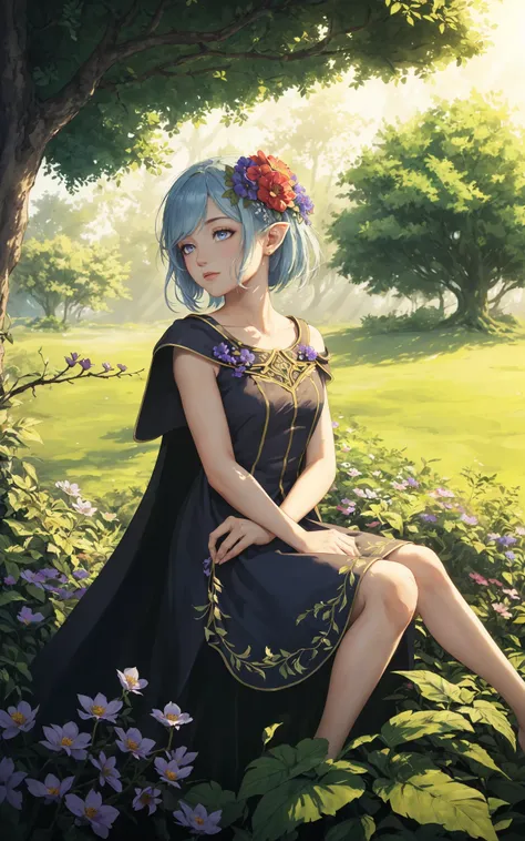 --THIS PREVIEW IMAGE USES SAMPLER: DPM++ 2M SDE Heun Karras --CLIP SKIP: 3--
(masterpiece, best quality:1.3), flower dress, (fantasy), high fantasy, character concept, original, elf, colorful, nature, grass, , exposure blend, medium shot, bokeh, (hdr:1.4), high contrast, (cinematic, (muted colors, dim colors, soothing tones:1.3), (Detailed hair), pinafore, hair flower, shoulder_cape, sitting, leaning against tree, shaded tree, dappled sunlight, shoulder to shoulder, looking at another, head tilt, intricate details, highly detailed, digital illustration, sharp focus, motion blur, 8k, low saturation