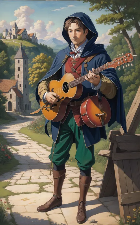 A medieval minstrel with very colorful suit with tippet and hood playing a mandolin in a romantic landscape, oil painting, extremely detailed, masterpiece, approaching to perfection