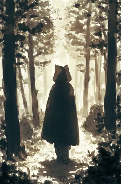 score_9,score_8_up,score_7_up,score_6_up,score_5_up,score_4_up rating_questionable, 1girl,solo,1boy,standing,monochrome,outdoors,signature,hood,from behind,cape,tree,sunlight,grass,plant,nature,scenery,cloak,light particles,1other,hood up,forest,light rays,silhouette,dark,hooded cloak,green theme,ambiguous gender <lora:butterchalk-v3e400:1>