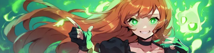 score_9,score_8_up,score_7_up,score_6_up,score_5_up,score_4_up rating_suggestive, 1girl,solo,long hair,breasts,looking at viewer,smile,bangs,gloves,dress,green eyes,collarbone,upper body,short sleeves,cowboy shot,teeth,choker,black gloves,puffy sleeves,shiny,belt,hand up,fingerless gloves,orange hair,grin,black dress,shiny hair,puffy short sleeves,gradient,gradient background,glowing,black choker,glowing eyes,index finger raised,brown gloves,green background,skull,ghost,aura <lora:butterchalk-v3e400:1>