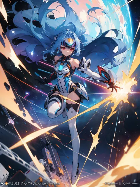 masterpiece, best quality, detailed, kos-mos, android, forehead protector, leotard, thigh highs, elbow gloves, bare shoulders, long hair, blue hair, dynamic pose, floating in space, <lora:xenosaga_kos-mos:0.8>, full body, (wires, cables), broken glass, metal, official art, (science fiction), universe, nebula, stars, galaxy, explosion,