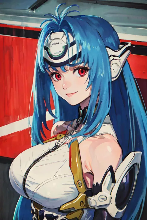 (best quality, masterpiece, RAW photo,ultra-detailed:1.2), <lyco:GoodHands-beta2:1.0>,1girl,solo,looking at viewer,smile <lyco:xenosaga_kos-mos-10:1.2>kos-mos,bare shoulders, huge breasts,