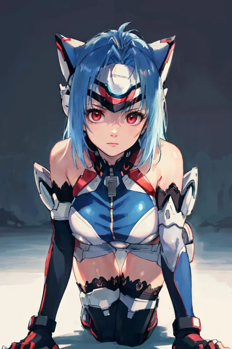 (best quality, masterpiece, RAW photo,ultra-detailed:1.2), <lyco:GoodHands-beta2:1.0>,1girl,solo,looking at viewer, <lyco:xenosaga_kos-mos-10:1.1>kos-mos,bare shoulders, huge breasts,
symmetry,Symmetrical composition,crawling on all fours,android,forehead protector,thighhighs,elbow gloves,leotard