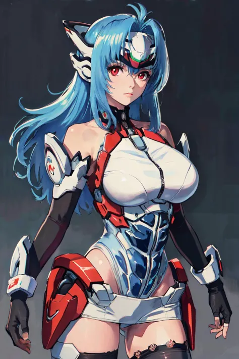 (best quality, masterpiece, RAW photo,ultra-detailed:1.2), <lyco:GoodHands-beta2:1.0>,1girl,solo,looking at viewer, <lyco:xenosaga_kos-mos-10:1.0>kos-mos,bare shoulders, huge breasts,
symmetry,Symmetrical composition,android,forehead protector,thighhighs,elbow gloves,leotard