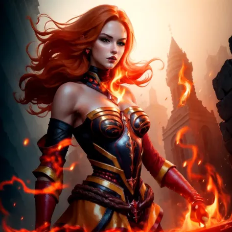 (masterpiece, top quality, best quality, beautiful and aesthetic:1.2, perfect), 1girl, lina, <lora:Linav0.1:1>, orange hair, fire, serious look, battlefield, dark, fog, ash, full body