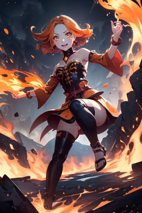 official art, lina, 1girl, (from below), floating, full body shot, crazy face, wielding fire, crazy eyes, constricted pupils, small pupils, evil smile, fire witch, solo, thin waist, orange hair, bare shoulders, fiery dress, orange eyes, burning background, burnt landscape, embers, smoke, best quality, (firestorm), (orange tones), (masterpiece), realistic, 8k illustration
<lora:dotaLina:0.8> <lora:crazyExpressions_v2:0.5>