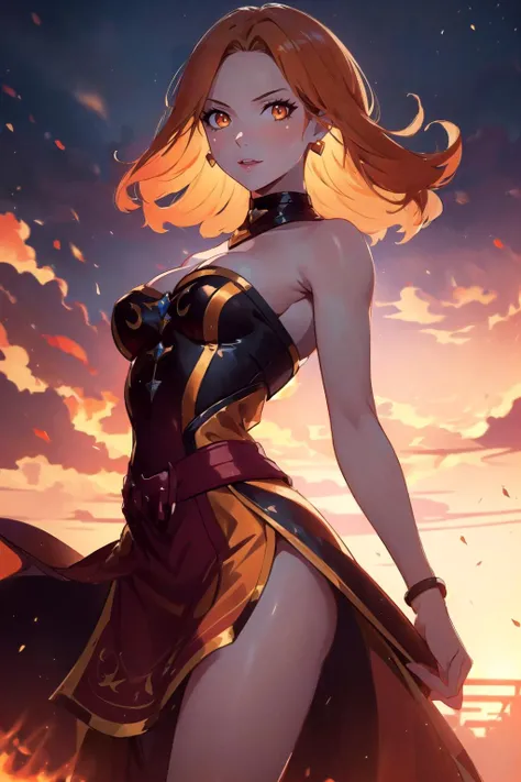 official art, lina, 1girl, medium full shot, solo, thin waist, orange hair, bare shoulders, revealing dress, orange eyes, embers, smoke, best quality, sunset, backlighting, (orange tones), (masterpiece), realistic, 8k illustration
<lora:dotaLina:0.8>