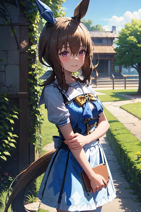 (masterpiece, best quality, ultra detailed), (perfect face, detailed face), (detailed background, complex background:1.2), full-face blush, smile, happy, parted lips,
<lora:admire_vega_(umamusume):0.9> ccvega,horse ears,single ear cover,long hair,low ponytail,hair between eyes,bangs,tracen school uniform,summer uniform,bowtie,horseshoe ornament,sailor shirt,purple shirt,short sleeves,horse tail,puffy sleeves,(white skirt:1.4),frilled skirt,white thighhighs,shoes,brown footwear,
(outdoors, garden, (cowboy shot:1.5))