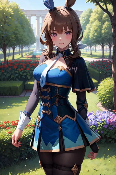 (masterpiece, best quality, ultra detailed), (perfect face, detailed face), (detailed background, complex background:1.2), full-face blush, smile, happy, parted lips,
<lora:admire_vega_(umamusume):1> aavega,horse ears,single ear cover,long hair,low ponytail,bangs,white necktie,dress,shirt,long sleeves,fingerless gloves,horse tail,blue skirt,thigh strap,pantyhose,(black pantyhose:1.2),boots,white footwear,mismatched footwear,
(outdoors, garden, cowboy shot)