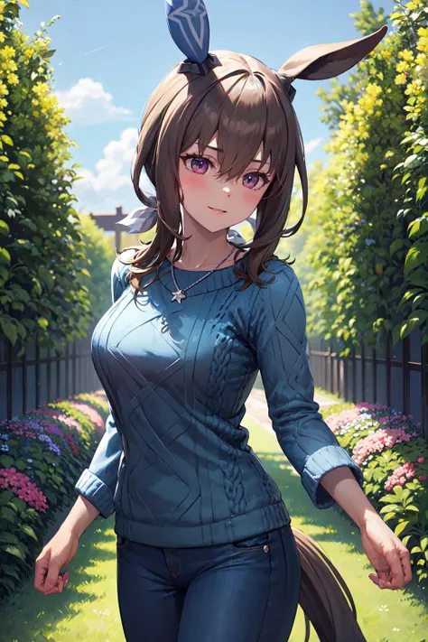 (masterpiece, best quality, ultra detailed), (perfect face, detailed face), (detailed background, complex background:1.2), full-face blush, smile, happy, parted lips,
<lora:admire_vega_(umamusume):0.9> bbvega,horse ears,single ear cover,long hair,low ponytail,bangs,hair between eyes,necklace,blue sweater,cable knit,aran sweater,horse tail,pants,(jeans:1.2),black socks,
(outdoors, garden, (cowboy shot:1.5))