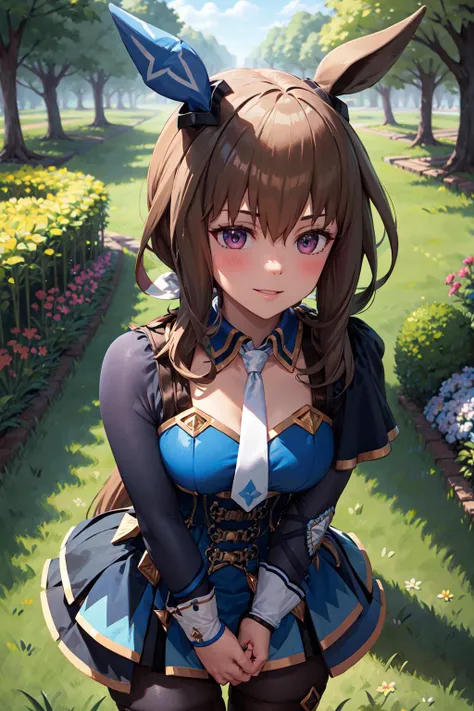 1girl, solo, full body, flower field, flowers, indoors, dark, kneeling, brown hair, very long hair, twintails, indigo eyes, tall, armor, large breasts, (closed eyes:1.2), smile