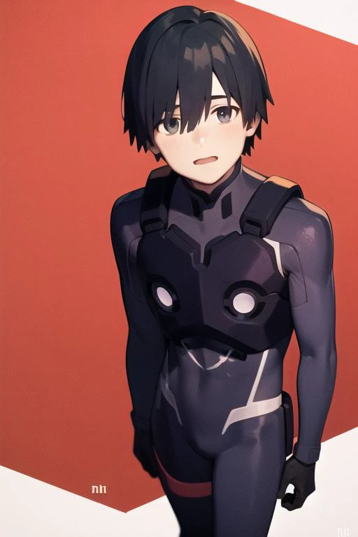 masterpiece, best quality, 1boy, solo ,black bodysuit, blue horn, pilot_suit , black hair, ((standing)), bangs, hiro_(darling_in_the_franxx), looking at viewer, in meadow, <lora:HiroAndZeroTwo-000007:0.9>