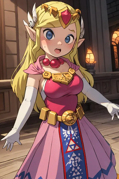 masterpiece, best quality, Mature female, <lora:Toon_Zelda_v1:.85> toon zelda, 1girl, solo, gloves, dress, jewelry, elbow gloves, belt, blue eyes, tiara, huge breasts:1.3, surprised:1.3, open mouth, blush, looking down,, performance