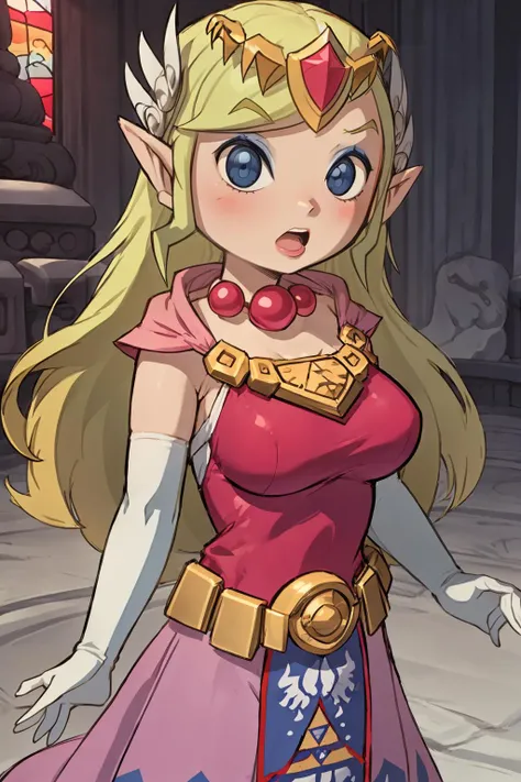 masterpiece, best quality, Mature female, <lora:Toon_Zelda_v1:.95> toon zelda, 1girl, solo, gloves, dress, jewelry, elbow gloves, belt, blue eyes, tiara, huge breasts, surprised:1.3, open mouth, blush,, promotional