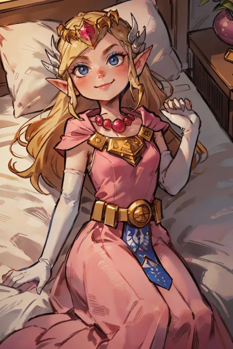 zelda, blue eyes, blonde hair, white elbow gloves, pink dress, jewelry, belt, tiara, looking at viewer, serious, smiling, blush, lying, on back, on large bed, palace bedroom, soft lighting, high quality, masterpiece, <lora:Toon_Zelda_v1:.7>