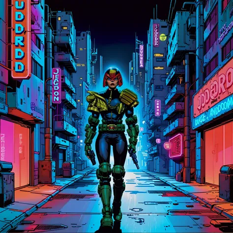 1girl, judge anderson walking down a street alone with a pistol in her hand, in armor and uniform, wearing a helmet, jdgdrddcom, cyberpunk, comic, cityscape, looking at viewer, night time, neon light, red light,