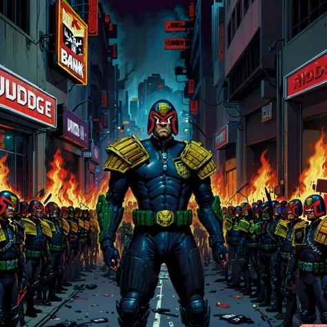 judge dredd scowling at rioting citizens outside a burning bank, in armor and uniform, wearing a helmet, jdgdrddcom, cyberpunk, comic, cityscape, barricades, night, darkness, neon light, riot, signs, fighting, crowds