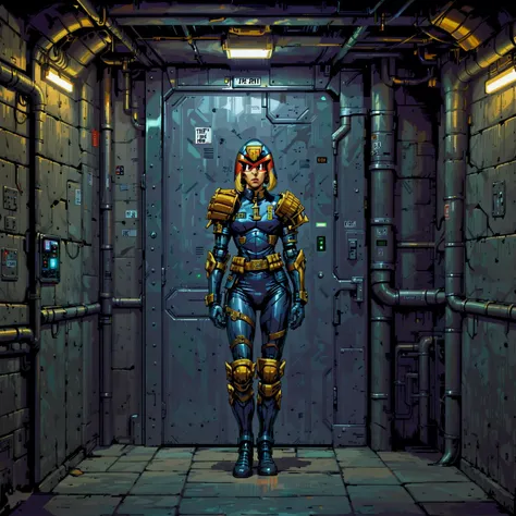 1girl, judge anderson leaning on the wall outside a steel door in a basement, in armor and uniform, wearing a helmet, jdgdrddcom, cyberpunk, comic, dank, dark, utility tunnel, utility light, mercury light