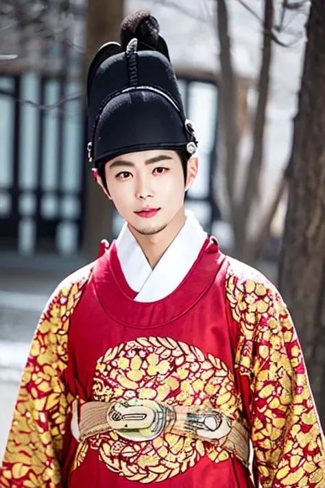 1male, hanbok, hat, faceonly, outdoors, korean clothes, red clothes, long sleeves, black eyes, in room,
<lora:hanbok_king_v6-000001:1>