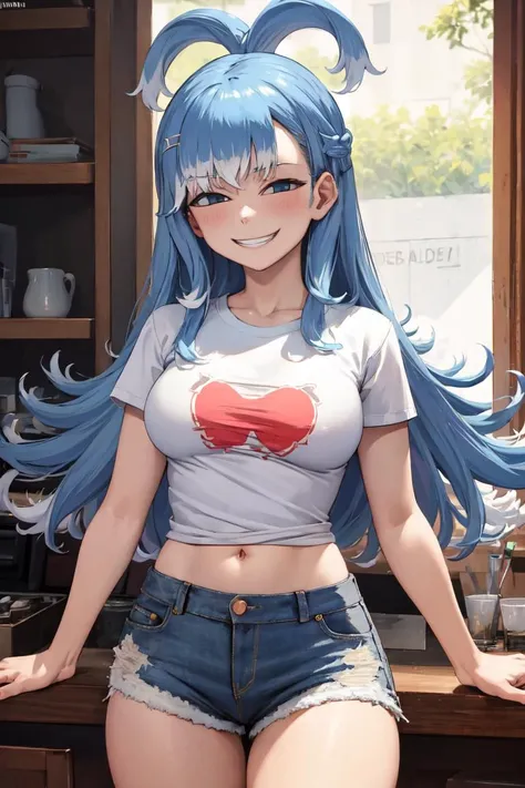 masterpiece, best quality, absurdres, perfect anatomy, KoboKanaeru, IncrsAnyasHehFaceMeme, grin, smug, t-shirt, denim shorts, <lora:KoboKanaeru:0.9>, <lora:AnyasHehFaceMeme:1>