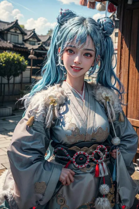 (masterpiece:1.2), (photorealistic:1.2), (best quality),((realistic:1.3)), (detailed skin:1.3), (intricate details), dramatic, ray tracing,finely detailed, quality,realistic lighting,huge breasts,1girl,KoboKanaeru,KoboKimono, double bun, twintails, white kimono, sash, fur tim,cowboy shot,smile,looking at viewer,(outdoors,dynamic pose) <lora:epi_noiseoffset2:0.8> <lora:more_details:0.8> <lora:KoboKanaeru:1>