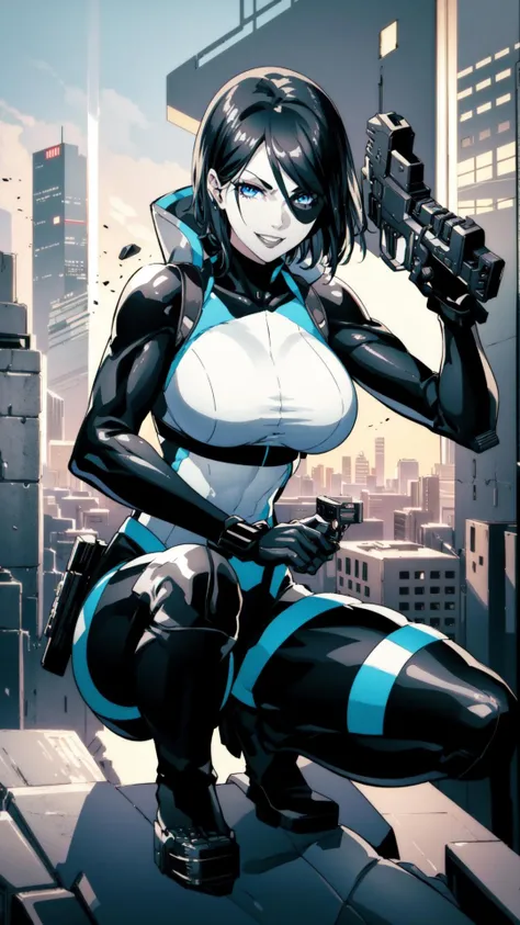 dono, a woman, black and white skintight costume, ((gray skin)), (black spot on left eye), short black hair, blue eyes, one white strand of hair, smiling expression, black boots, sitting, holding a pistol, 8k, 16k, trending on pixiv, fanbox, skeb, masterpiece, detailed face, digital painting, (((city background))), <lora:domo:0.7>