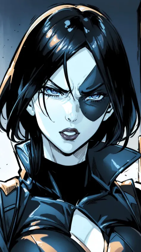 dono, a woman, black skintight costume, ((gray skin)), (black spot on left eye), short black hair, ((most beautiful dark blue eyes)), annoyed expression, harbor background, <lora:domo:0.7>