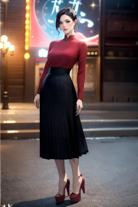 (masterpiece, realistic:1.3), (extremely intricate:1.2), (photorealistic:1.4), (extremely delicate), (ultra realistic:1.3), (a high detail RAW color professional full body photo), hyperrealistic photography, extremely detailed CG unity 8k wallpaper, UHD, HDR, RAW photo, dslr, hyperrealistic 3d render, realistic LUT, cinematic LUT,
<lora:freckledvixon_horseFaceSkirt_v10:0.85>, 1girl, Q1Pa0, hair ornament, long sleeves, full body, (black skirt:1.2), red shirt, long skirt, qipao,
<lora:ostris_HDhelper_v10:0>, <lora:ostris_detailSlider_v40:2>, <lora:nextmeal_ageSlider_v20:1>, <lora:yqs_platformHeels_v10:0.2>, platform heels,