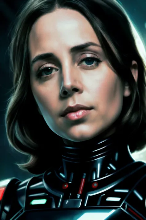 elizaD1 , ((best quality)), ((masterpiece)), (detailed), Midjourney Style, close-up, woman, robot, red eyes, concept art, inspired by Marek Okon, digital art, Crysis Nanosuit, futuristic, (glowing elements:1.1), 4:3 aspect ratio, dynamic duo