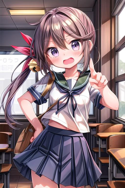 ultra-detailed,masterpiece,best quality,girl,shiny eyes,blush,pointing at viewer,open mouth,dutch angle,akebonokaiKC, long hair, skirt, hair ornament, school uniform, short sleeves, pleated skirt, serafuku, hair flower, sailor collar, side ponytail, blue skirt,hair bell, <lora:add_detail:0.8> <lora:akebono:0.7>