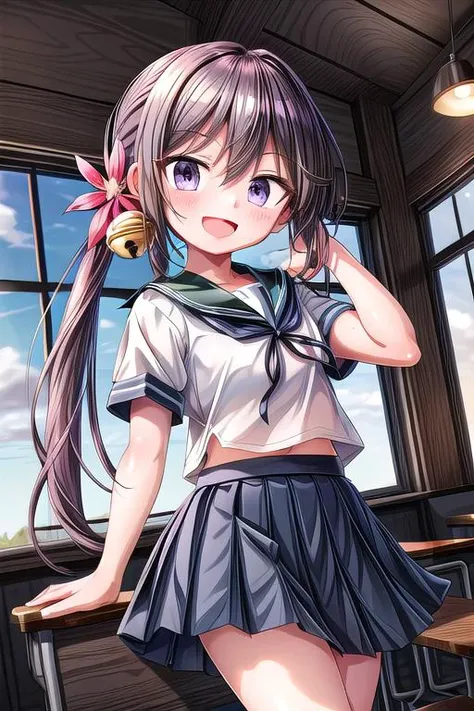 ultra-detailed,masterpiece,best quality,girl,shiny eyes,blush,evil smile,open mouth,dutch angle,akebonokaiKC, long hair, skirt, hair ornament, school uniform, short sleeves, pleated skirt, serafuku, hair flower, sailor collar, side ponytail, blue skirt,hair bell, <lora:add_detail:0.8>  <lora:akebono:0.7>