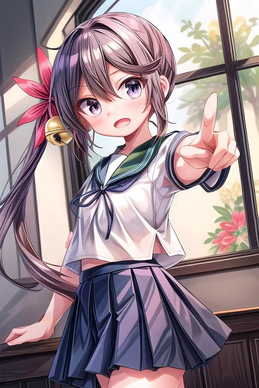 ultra-detailed,masterpiece,best quality,girl,shiny eyes,pointing at viewer,open mouth,dutch angle,akebonokaiKC, long hair, skirt, hair ornament, school uniform, short sleeves, pleated skirt, serafuku, hair flower, sailor collar, side ponytail, blue skirt,hair bell, <lora:add_detail:0.8> <lora:akebono:0.7>