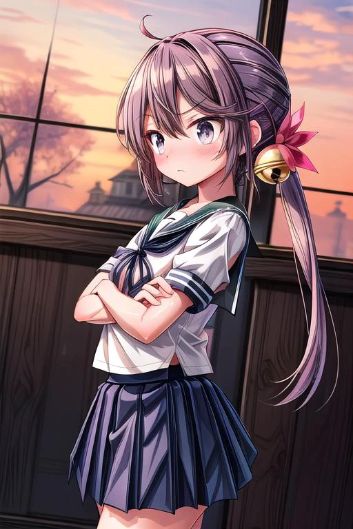 ultra-detailed,masterpiece,best quality,girl,shiny eyes,blush,shy,crossed arms,from side,dutch angle,akebonokaiKC,purple long hair, skirt, hair ornament, school uniform, short sleeves, pleated skirt, serafuku, hair flower, sailor collar, side ponytail, blue skirt,hair bell, <lora:add_detail:0.8> <lora:akebono:0.7>