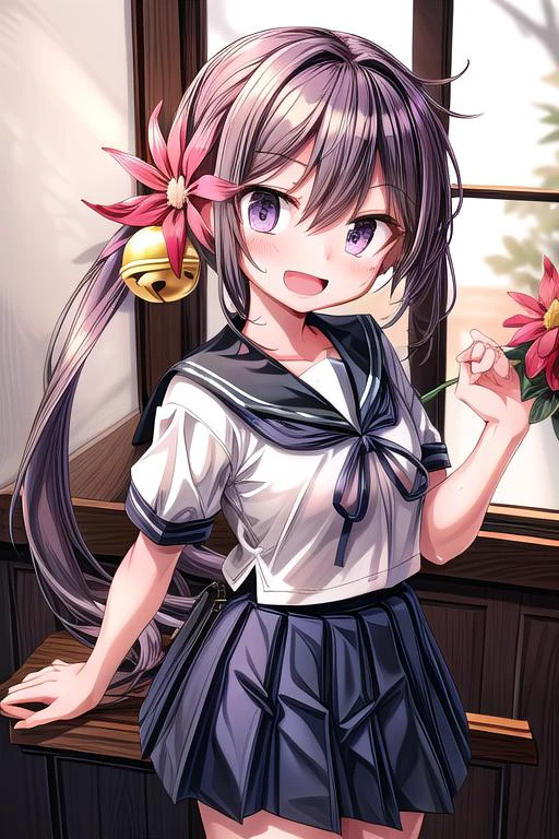 ultra-detailed,masterpiece,best quality,girl,shiny eyes,blush,evil smile,open mouth,dutch angle,akebonokaiKC, long hair, skirt, hair ornament, school uniform, short sleeves, pleated skirt, serafuku, hair flower, sailor collar, side ponytail, blue skirt,hair bell, <lora:add_detail:0.8> <lora:akebono:0.7>