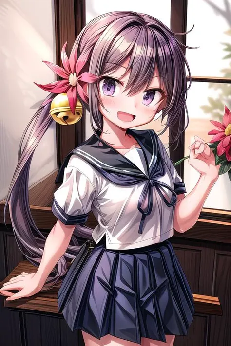 ultra-detailed,masterpiece,best quality,girl,shiny eyes,blush,evil smile,open mouth,dutch angle,akebonokaiKC, long hair, skirt, hair ornament, school uniform, short sleeves, pleated skirt, serafuku, hair flower, sailor collar, side ponytail, blue skirt,hair bell, <lora:add_detail:0.8>  <lora:akebono:0.7>