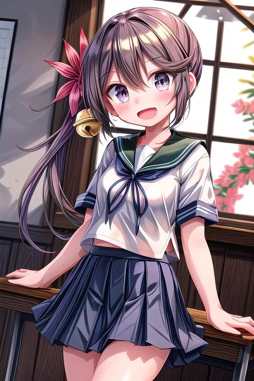 ultra-detailed,masterpiece,best quality,girl,shiny eyes,blush,evil smile,open mouth,dutch angle,akebonokaiKC, long hair, skirt, hair ornament, school uniform, short sleeves, pleated skirt, serafuku, hair flower, sailor collar, side ponytail, blue skirt,hair bell, <lora:add_detail:0.8> <lora:akebono:0.7>