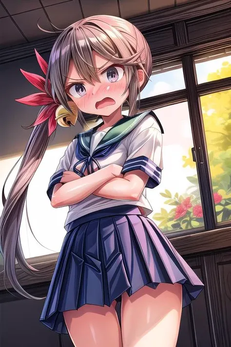 ultra-detailed,masterpiece,best quality,girl,shiny eyes,blush,anger,anger vein,open mouth,crossed arms,from below,dutch angle,akebonokaiKC, long hair, skirt, hair ornament, school uniform, short sleeves, pleated skirt, serafuku, hair flower, sailor collar, side ponytail, blue skirt,hair bell, <lora:add_detail:0.8> <lora:akebono:0.7>