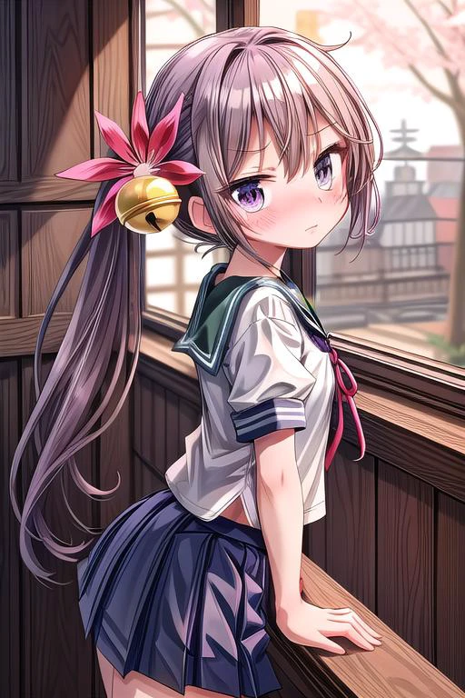 ultra-detailed,masterpiece,best quality,girl,shiny eyes,blush,shy,crossed arms,from side,dutch angle,akebonokaiKC,purple long hair, skirt, hair ornament, school uniform, short sleeves, pleated skirt, serafuku, hair flower, sailor collar, side ponytail, blue skirt,hair bell, <lora:add_detail:0.8> <lora:akebono:0.7>