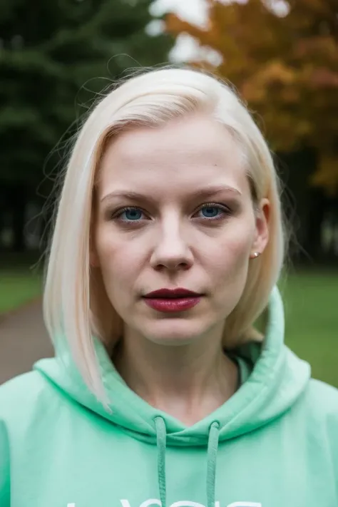 close-up shot of simple british sloppy albino vile woman with sloppy lipstick and green sloppy sweatshirt and tangled unwashed hair walking in park, aroused, rain
BREAK  cloudy, detailed skin, natural lighting, gloomy