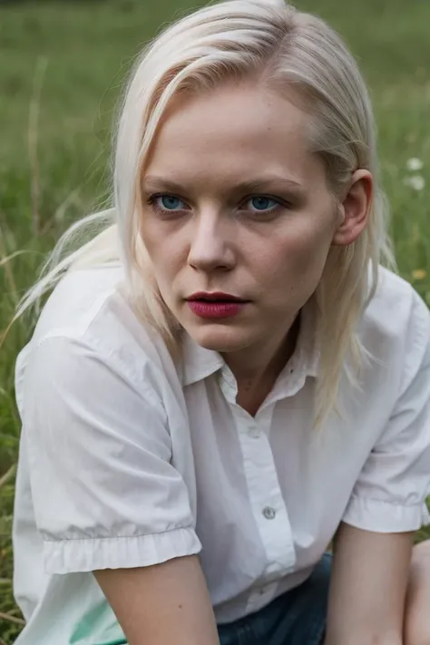 close-up shot of simple german sloppy albino sick woman with sloppy lipstick and green sloppy shirt and tangled unwashed hair sitting in meadow, orgasmic, rain
BREAK  cloudy, detailed skin, natural lighting, gloomy