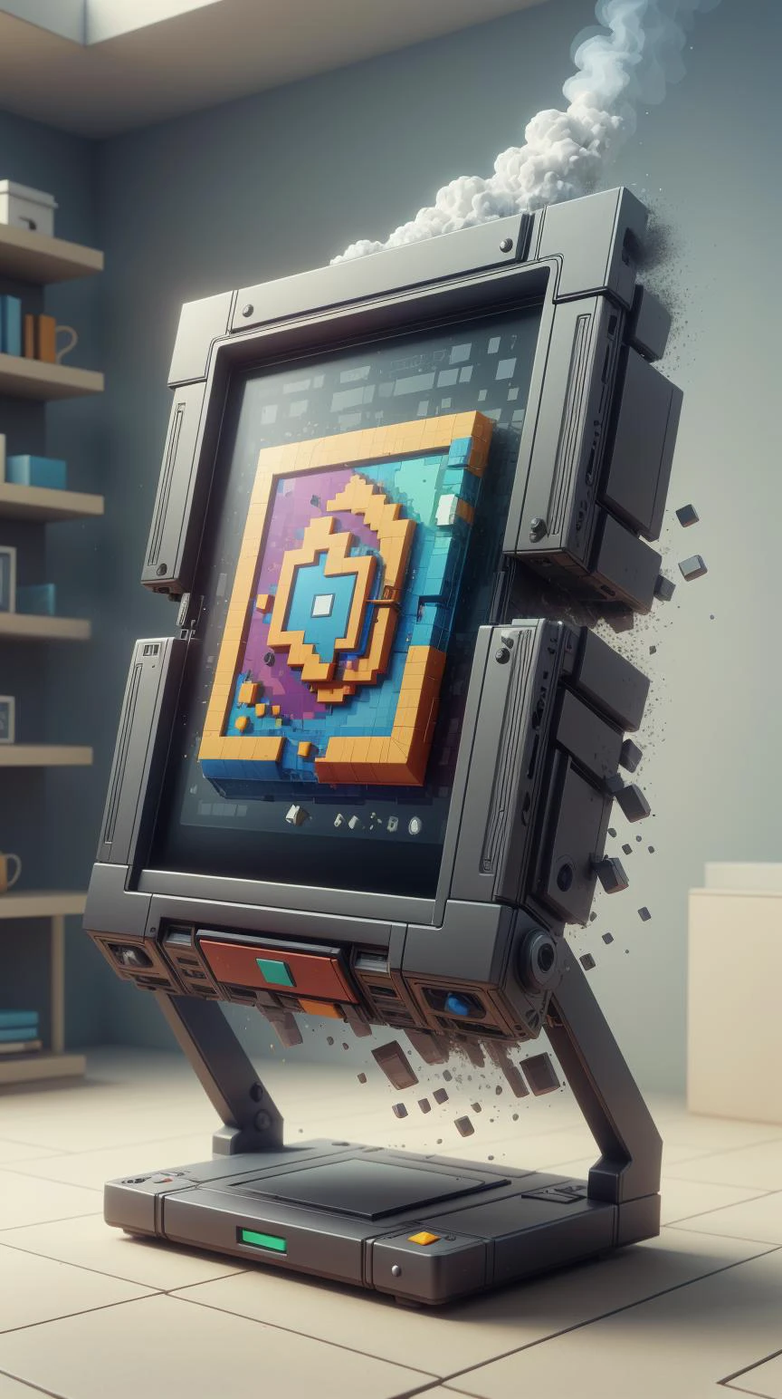 NESVoxelStyle E-reader, 3D voxel pixel <lora:NESVoxelStyle:0.5> E-reader, (smoke:0.5), disintigrate, dissolve, shatter, scatter, ral-dissolve E-reader <lora:ral-dissolve-sd15:0.7>, (wind:0.7), (swirl:0.6), (Masterpiece:1.3) (best quality:1.2) (high quality:1.1)