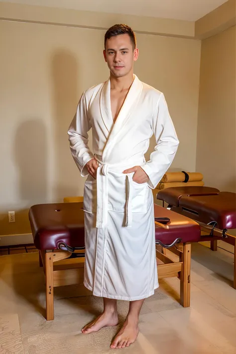 massage parlor, massage table, standing next to massage table, wearing a ((closed bathrobe)), BrennerBolton, slight smile, (((full body portrait))), wide angle, <lora:BrennerBolton:0.8>