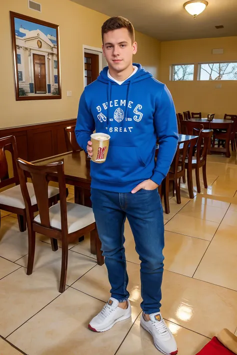 Greek style university fraternity house, fraternity party, BrennerBolton is a preppy frat member, wearing a sweatshirt, Greek lettering on sweatshirt, blue jeans, sneakers, holding and cup of beer, (((full body portrait))), wide angle <lora:BrennerBolton:0.8>