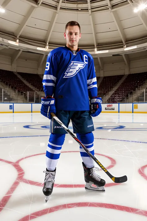 hockey rink, standing, BrennerBolton wearing hockey shoulder pads, hockey uniform, gloves, holding hockey stick, smirking, (((full body portrait))), wide angle <lora:BrennerBolton:0.8>