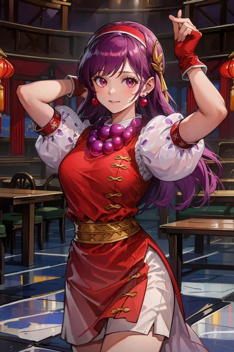 (masterpiece, best quality:1.2), intricate details, <lyco:GoodHands-beta2:1>, <lora:athena_asamiya-000010:1>, athena asamiya, 1girl, red dress, purple hair, puffy short sleeves, hairband, fingerless gloves, earrings, necklace, long hair, chinese clothes