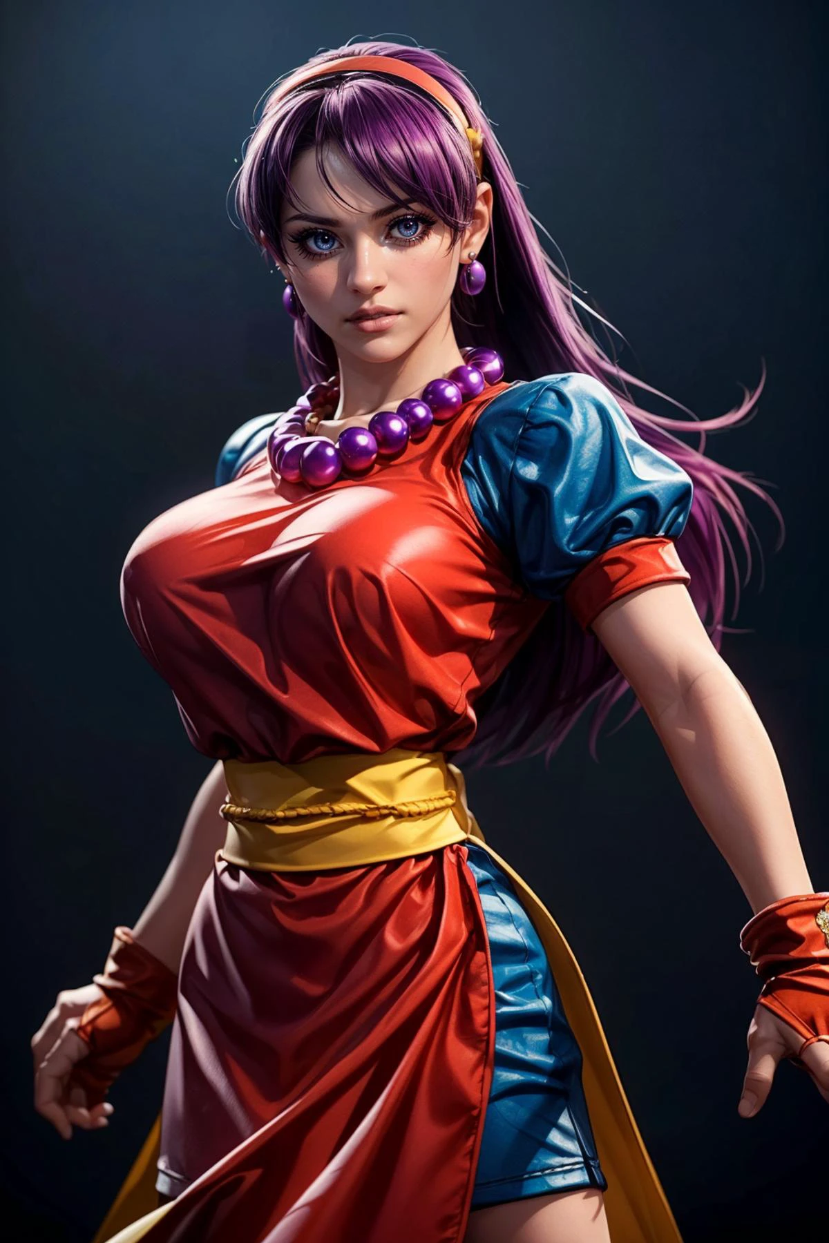 (ultra realistic,32k, masterpiece:1.2),(high detailed skin:1.1),( high quality:1.1),
<lora:athena_asamiya:0.8>(disappointed:1.1),athena asamiya, 1girl,purple eyes, red dress, purple hair, puffy short sleeves, hairband, fingerless gloves, earrings, necklace, long hair, sash, (blank background:1.2) blurry background,fighting stance pose, huge breast,large breast,<lora:add_detail:0.88>,
(moody lighting:1.1),