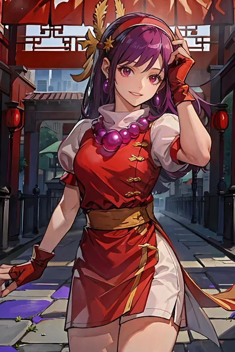 (masterpiece, best quality:1.2), intricate details, <lyco:GoodHands-beta2:1>, <lora:athena_asamiya-000010:1>, athena asamiya, 1girl, red dress, purple hair, puffy short sleeves, hairband, fingerless gloves, earrings, necklace, long hair, chinese clothes