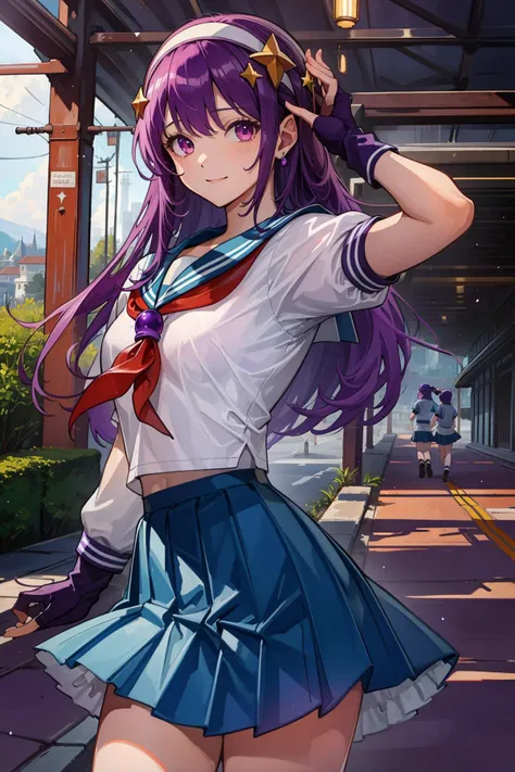 (masterpiece, best quality:1.2), intricate details, <lyco:GoodHands-beta2:1>, <lora:athena_asamiya-000010:1>, athena asamiya, 1girl, school uniform, fingerless gloves, hairband, long hair, serafuku, purple hair, purple eyes, star hair ornament, pleated skirt