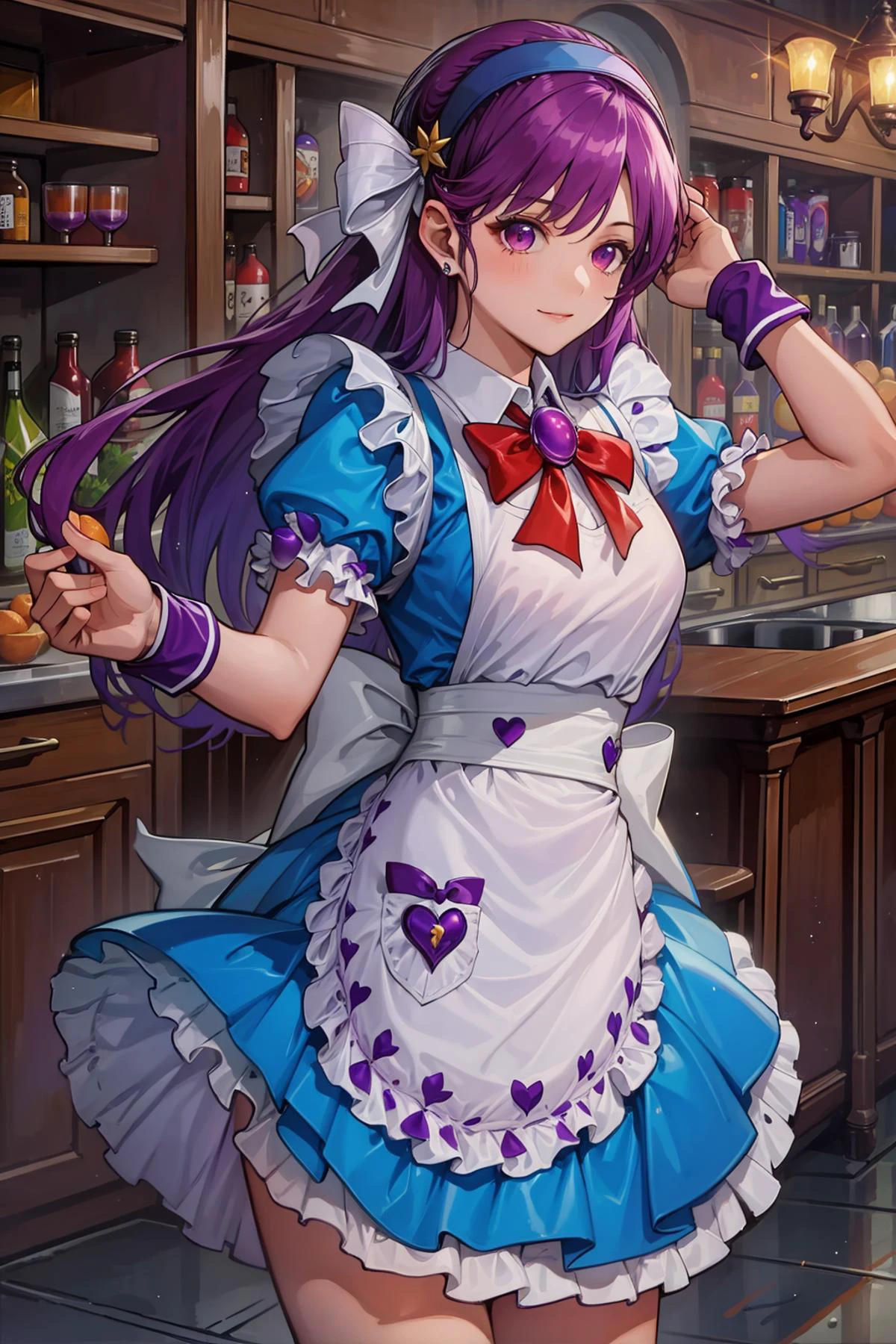 (masterpiece, best quality:1.2), intricate details, <lyco:GoodHands-beta2:1>, <lora:athena_asamiya-000010:1>, athena asamiya, 1girl, purple eyes, purple hair, long hair, frills, apron, puffy short sleeves, blue dress, hairband, blue bow, wristband
