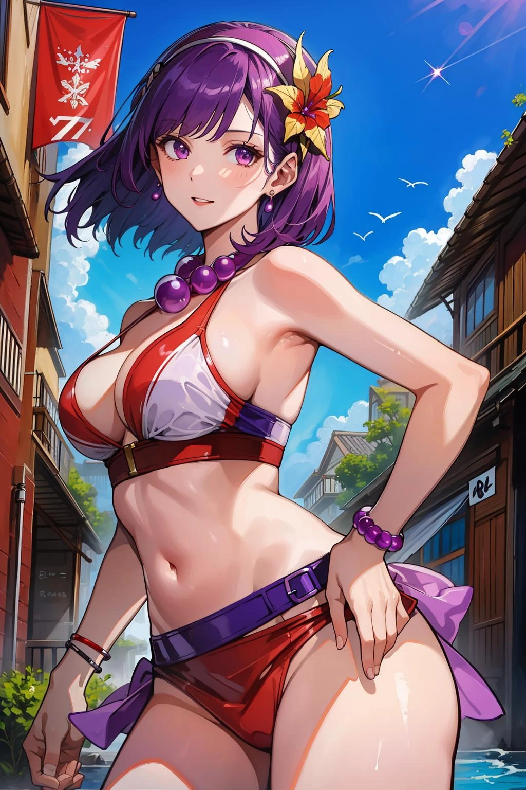 (masterpiece, best quality:1.2), intricate details, <lyco:GoodHands-beta2:1>, <lora:athena_asamiya-000010:0.8>, athena asamiya, 1girl, bikini, swimsuit, purple hair, purple eyes, hairband, short hair, bracelet, hair ornament